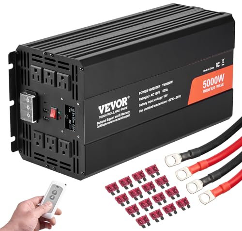 VEVOR Inverter sinusoidale modificato, 5000 W, DC 12 V a CA 120 V Inverter di potenza con 6 uscite CA, 2 porte USB 1 porta di tipo C, display LCD e telecomando per