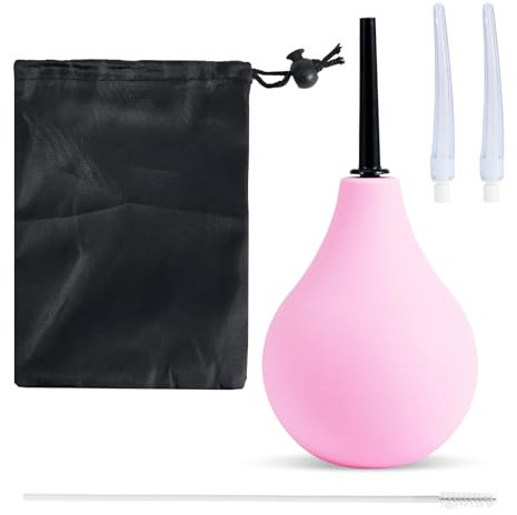 Enema Bulb Douche Silicone Enema Kit for Men Women, Reusable Douche Kit with 2 X Reusable Silicone Slim Nozzle and 1 X Cleaning Brush & Storage Bag, 225 ML Rubber Washing Cleaning Kit (Pink)
