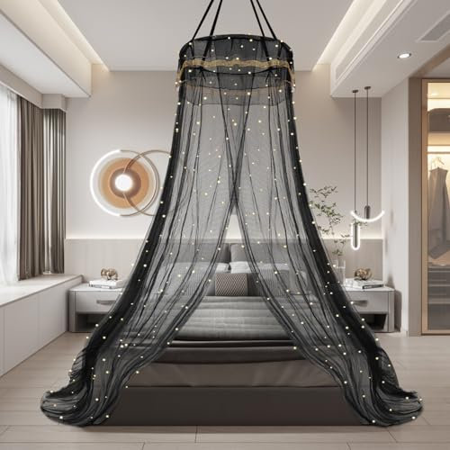 Temopow Black Bed Canopy with Star Light Mosquito Net Round Hoop Bed Canopy Netting for Bedroom Decoration,Cover Baby Crib, Twin, Full, Queen Size Bed