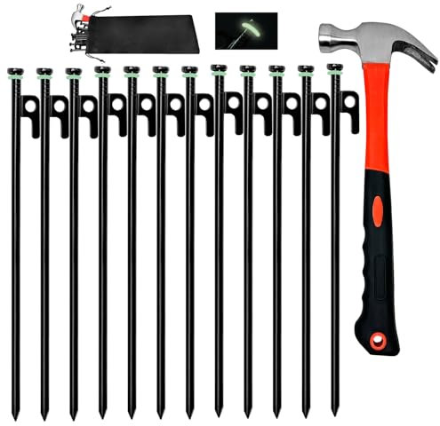 12Pcs Tent Stake with Hammer Set, 12in Tent Stakes Heavy Duty with 10.5in Camping Hammer, Storage Pouch, Forged Steel Tent Stakes for Camping Used on Rocks, Grassland(12Pcs 12in Stakes+Hammer)