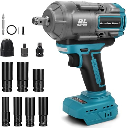 Batteridriven slagnyckel kompatibel med Makita 18 V, 1 100 Nm, skruvdragare 1/2 tum, axelskruvdragare borstlös skiftnyckel med hylsnyckel, hylsnyckladapter (utan batterier)