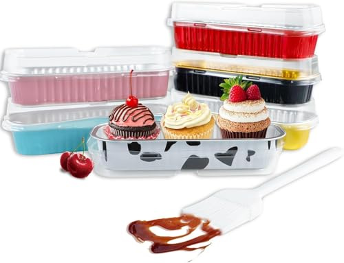 LIUCONGBD 60 stycken minikakformar med lock, rektangulär aluminiumfolie bakformar, disposable tin box med lock för bröd tårta cupcakes picknick ostkaka dessert (flerfärgad)