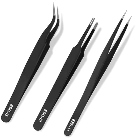 Janasiba Juego de 3 pinzas de precisión de acero inoxidable antiestáticas mejoradas para reparación electrónica, modelismo