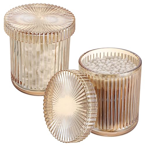 OLegei Glass Cotton Buds Swab Holder Organizer, 2pcs Decor Apothecary Jar | Amber, Bathroom Glass Storage Jars with Lid, Q-tips, Cotton Ball Floss Dispenser, Vanity Makeup Accessories Storage Canister