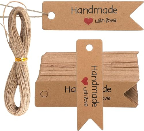 VOSSOT Lot de 100 Étiquettes Kraft, 7x2cm Étiquette Cadeaux avec 20m Ficelle de Jute, étiquettes papier kraft faites à la main Pour mariage, Noël, emballage cadeau