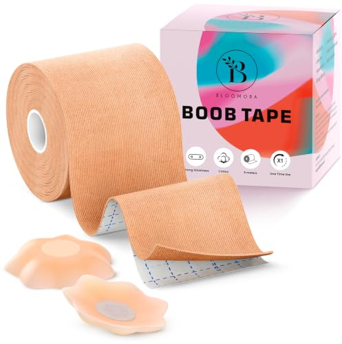 Boob Tape Adhésif Remonte Seins - 5 cm - Cache Tétons Réutilisables | Maintien Ferme jusqu'au Bonnet G, Coton et Spandex Respirant, Waterproof, Retrait Facile à l'Huile ou sous la Douche - Beige