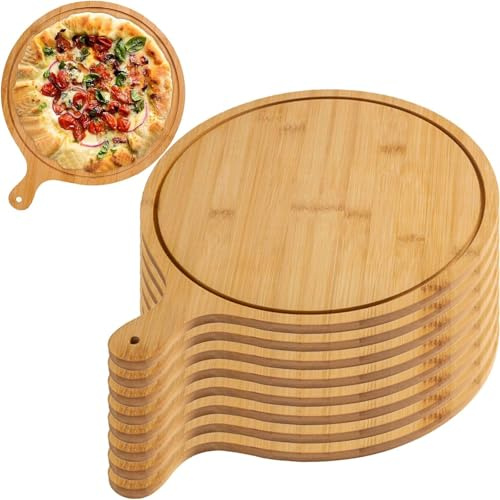 Pizza board set – premium pizzatallrikar i trä för servering och skärning, hållbara och lätta runda bambupallrikar med handtag, för användning i hem och restaurang