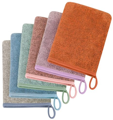 COZYMIRE Manoplas Baño en Microfibra 15 x 20 cm Guantes para Lavarse Morbidi e Assorbenti Manopole Riutilizzabili con Cordón Apto para Pieles Secas, Grasas y Sensibles 6 Piezas-022