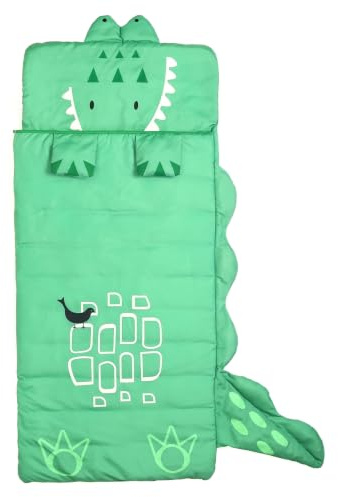 Bemonew Tapis de sieste pour la garderie, sac de couchage doux et doux pour la peau motif dinosaure pour la garderie – Tapis de couchage portable pour enfants avec oreiller vert, 140 x 60 cm