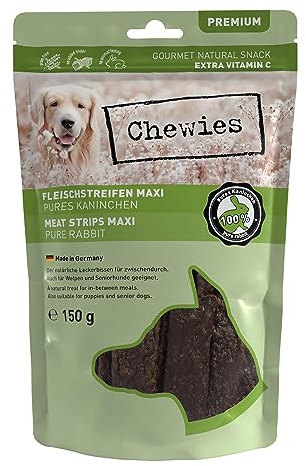 Chewies Fleischstreifen MAXI Hundeleckerli aus 100 % Kaninchenfleisch - 150 g - luftgetrocknete Kaninchen Kaustreifen für Hunde - zuckerfrei & getreidefrei - Dörrfleisch vom Kaninchen