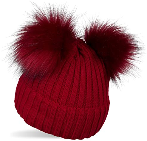 styleBREAKER Cappello a Maglia con 2 Pom Pom in Pelliccia Sintetica e Fodera in Pile, Cappello Invernale, Berretto a Maglia, 2-5 Anni 04024203, Colore:bordò-Rosso