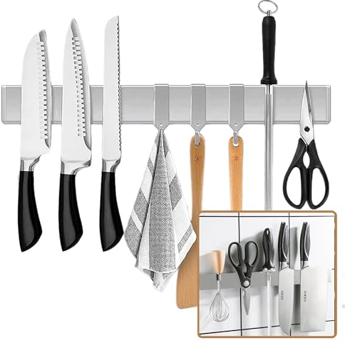 [Verbesserte 50cm]Trhillsbrad Magnetleiste Messer, 50cm Messerhalter Magnetisch mit 3 Haken Edelstahl Messerleiste Selbstklebend, Silbrig Wandhalterung Magnetleiste Ohne Bohren Messerhalter