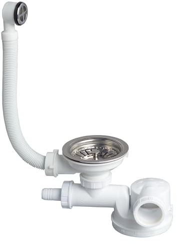 Wirquin 30723112 Vidage pour évier 1 bac D90 gain de place avec trop-plein rond et prise machine à laver, blanc