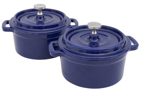 Flavehc Mini Cocotte 16 oz Mini Dutch Oven 0.5 qt. Cast Iron Garlic Roaster for Oven Garlic Confit Pot Ramekins with Lids Oven Safe Set of 2, Blue