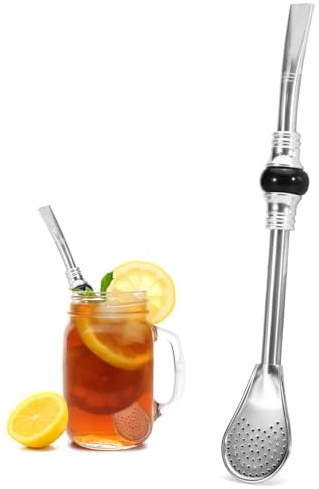 Fatiya Paille Yerba Mate en Acier Inoxydable Réutilisable, Yerba Mate Bombilla Pailles avec Cuillère Filtrante, 19 cm de Long Pailles pour Thé, Cocktail (Perle Noir)