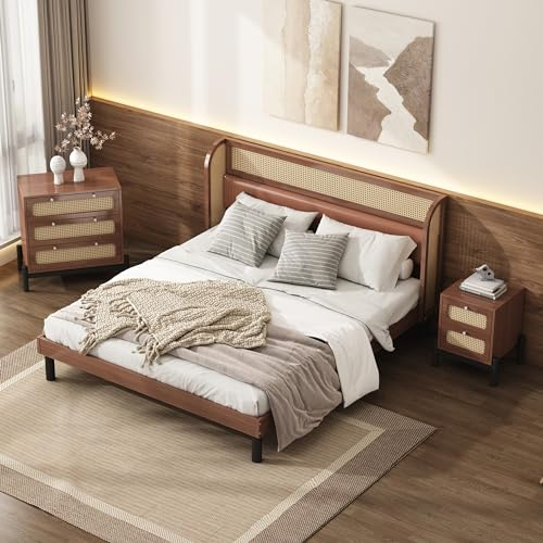 Aunvla Komplettschlafzimmer Set,3-TLG.modernes Rattan Doppelbett+Nachttisch+Kommode,160x200cm Doppelbett mit PU-Polster und Rattan,Nachttisch mit 2 Schubladen,Kommode mit 3 Schubladen,Kiefer,Walnuss