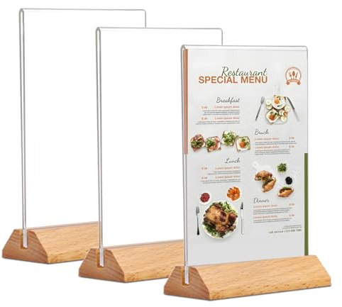 Rifeinoo A4 Acryl Aufsteller, 3 Stück Tischaufsteller A4 mit Holz Sockelboden,Menükartenhalter Plakatständer kann Aufsteller Poster, Flyer, Speisekarten,T- Ständer für A4 Blätter (A4-Vertikale)