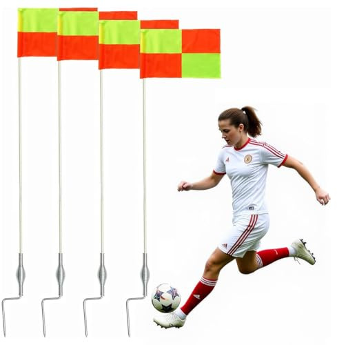 4 Pcs Soccer Corner Flags Set，67-Inch Portable Soccer Agility Poles and Football Field Corner Flags，Spring Mounted Spike Corner Flag Poles for Outdoor Grass Fields, Agility Training Soccer Equipment
