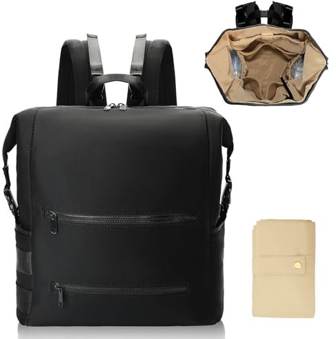 MISS FONG Baby Wickelrucksack Wickeltasche Rucksack, Baby Neopren-Wickeltasche Groß,mit 15 Babytaschen-Organizer,Faltbarer Wickelunterlage, Weit öFfnender Babytasche für Mama und Papa, Schwarz