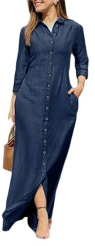 Femme Tempérament Mode Élégante Style Neutre Manches Longues Revers Cardigan Longue Robe en Jean - Denim Bleu Foncé - 5XL