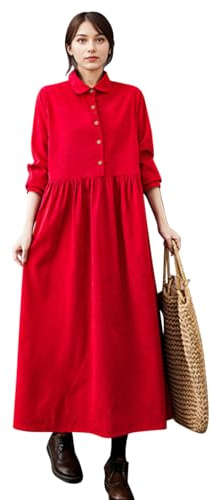 Boodtag Women’s Vintage Plus Size Corduroy Dress UK Ladies Elegant Long Shirt Dress Loose Fit A-Line Maxi Blouse Dress with Lapel Collar Fall Winter Outfit Red