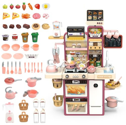 deAO Kinderküche Spielküche, Kunststoff Kinder-Küchenspielset mit Licht Ton Wasser Dampf und Küchenzubehör Herd Spüle Backofen Essen Küche Spielzeug Spielzeugküche für Kinder ab 3 Jahren | Rosa