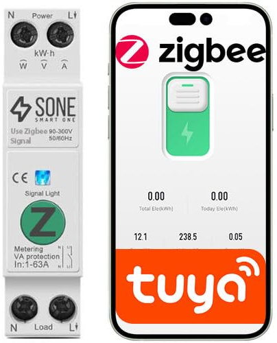 Sone Smart One Zigbee Hutschiene Relais 63A 16A – Zigbee Schalter mit Energieüberwachung & Schutzfunktionen – kompatibel mit Tuya, Smart Life & Zigbee2MQTT – DIN-Schiene – Smart Home Sicherungsautomat