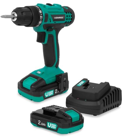 VONROC Borrskruvdragare 20 V – 19 + 1 inställningar, 25 Nm, LED, SoftGrip, 2 batterier 2,0 Ah och snabbladdare
