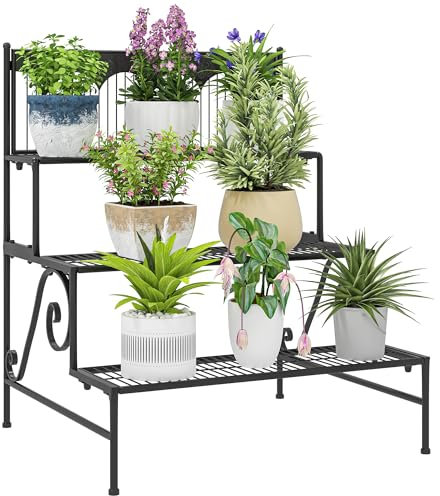 Outsunny Support pour plantes à 3 niveaux - Étagère d'angle design en escalier - Pour intérieur et extérieur - 73 x 66 x 85 cm - Noir