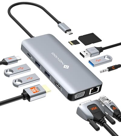 NOVOO 11 in 1 Docking Station USB C, Multiporta Hub con HDMI 4K@60Hz, VGA, Ethernet 1Gbps, 4 Porte USB-A, Lettore SD/TF, Jack Audio 3,5 mm - Compatibile con MacBook, Dell, HP, Lenovo ThinkPad