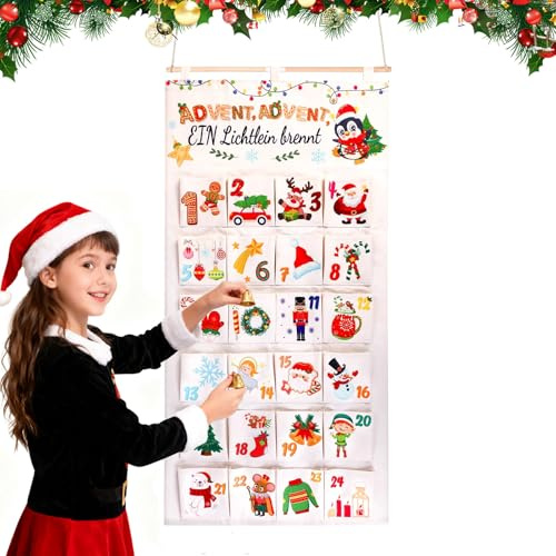 Adventskalender 2024 som väggkalender av tyg, adventskalender för fyllning, återanvändbar med 24 tygpåsar, julkalender adventskalendrar för upphängning juldekoration party favorit