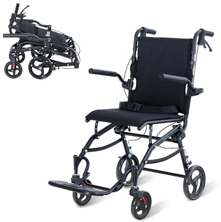 Silla de Ruedas Plegable y Ligera, Carrozzina de Transporte para Mayores y Personas con Movilidad Reducida, Con Frenos Manuales, Reposapiés Extraíbles y Diseño Compacto (Black)