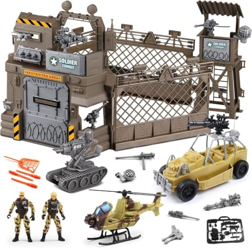 BAKAJI Playset Militare Giocattolo per Bambini con 17 Pezzi, Veicolo Corazzato, Elicottero, Auto e Soldatini, Campo di Battaglia Giocattoli, Giochi di Simulazioni per Bambini, Idea Regalo