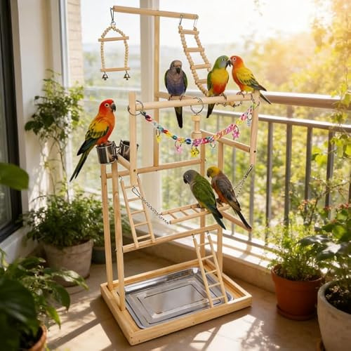 Parco Giochi per Uccelli, 48 x 35 x 95 cm Parco Giochi per Calopsitte in Legno a 4 Strati con Tazze in Acciaio Inossidabile Catena di Plastica Colorata e Vassoio in Metallo Rimovibile