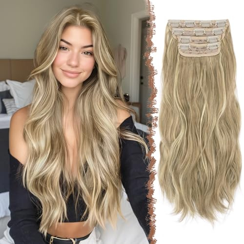 FESHFEN Extension Capelli a Clip - 4 pezzi Lunga Ricci Ondulati Sintetici Naturali Posticci Capelli Extension con Clip per Donna, 60 cm Castano Caramello & Biondo Beige