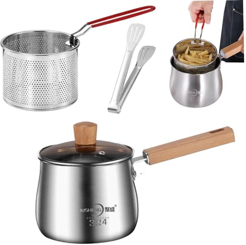 Olla freidora Mini freidora de acero inoxidable de 2, 5 l con cesta, tapa, pinzas y mango antiescaldado japonés para el hogar, patatas fritas tempura, patatas fritas, pescado y pollo