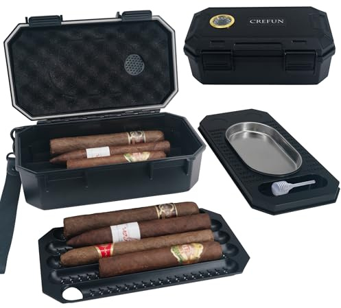 Crefun Travel Cigar Case for 10 Cigars with Ashtray, ABS | Humidifier & Hygrometer, 3-Layer Design, Stainless Steel Ashtray, Airtight Lock, Ideal for Travel & Gifting