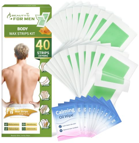 Beauty7 Bandas de Cera Fría para Hombre 40 Bandas (20 Pares) con 10 Toallitas Post-Depilación con Aceite Calmante, Depilación Corporal para Espalda, Pecho, Piernas, Brazos y Axilas