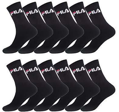 FILA Calzini Uomo sportivo, tessitura con imbottiti, set di 12, Calze Uomo Lunghe resistenti, Nero, Taglie 39/42