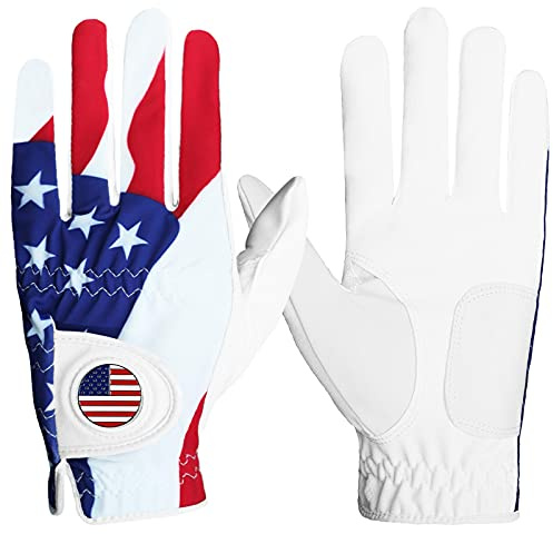 FINGER TEN Golf Gloves Men 1 Pack with Ball Marker for Left Hand Right, Stylish Patterns & Breathable Design for Comfortable All-Weather Grip, Golf Glove Sizes S M ML L XL (USA Flag, Large, Left)