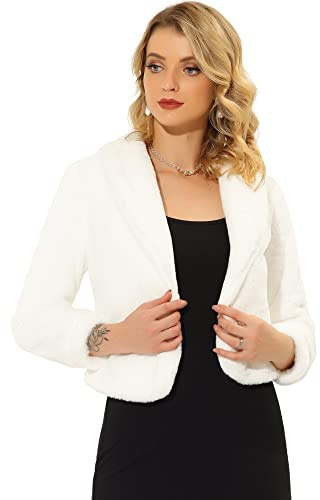Allegra K Women's Faux Fur Coat Cropped Formal Jacket Fluffy Winter Outfits | Open Front Bolero, Lapel Collar, Long Sleeve Outfit, Fuzzy Shrug, Evening Wedding Overcoat