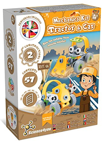Science4you 80003542 Mechanik Baukasten ab Schraubspiel Traktor zum Schrauben und Montage Auto-Kreatives Bauset für Kinder, Pädagogisches Spielzeug 4 Jahre Junge, Large, Gelb