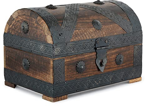 Ajuny Joyero de Madera con Forma de Cofre del Tesoro Pirata Organizador de Recuerdos Vintage Artesanal con Tiras de Conchas Perfecto para Collares Pendientes y Baratijas Caja de Regalo - 23 x 15 cm