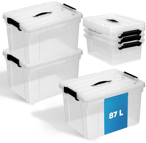 Schmacht® 3-er Set Aufbewahrungsboxen mit Deckel I BPA Frei I Mit oder Ohne Tragegriff | Aufbewahrungsbehälter mit verstärkter Bodenstruktur (Mit Tragegriff - Transparent, 87l)