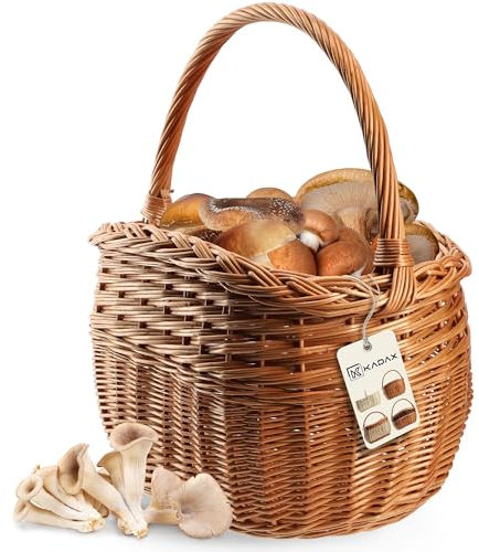 KADAX Weidenkorb für Pilze, Ovaler Korb zum Einkaufen, robuster Picknickkorb mit dem Henkelgriff, Flaschenkorb, Korb für den Garten, Tragekorb (Braun, 41x25x44cm)