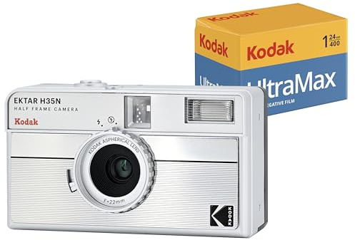 Kodak EKTAR H35N - Pack Appareil Photo Demi-Cadre avec Film Kodak Ultramax 400/24EXP 35 mm (Rayures argentées)