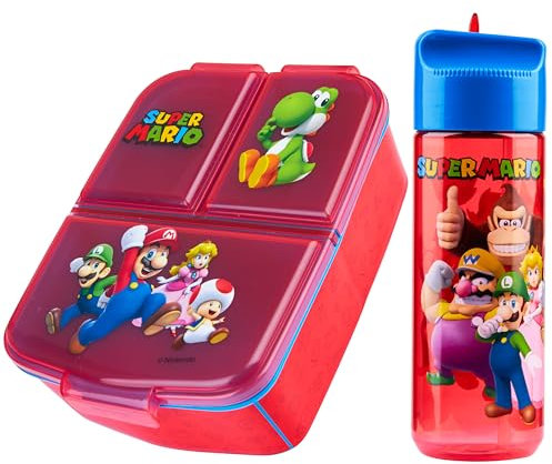 Super Mario Brotdose für Kinder mit Fächern & Trinkflasche für Schule, Kindergarten