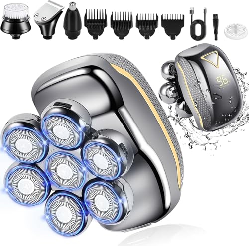 DFLIVE Rasoir Electriques Hommes, 5 in 1 Rasoirs Rotatives, 7D Rasoir Tete Chauve Homme IPX6 Étanche Rechargeable Sec et humide Rasoir Ensemble avec Écran LED et Brosse pour Le Visage Tondeuse à nez