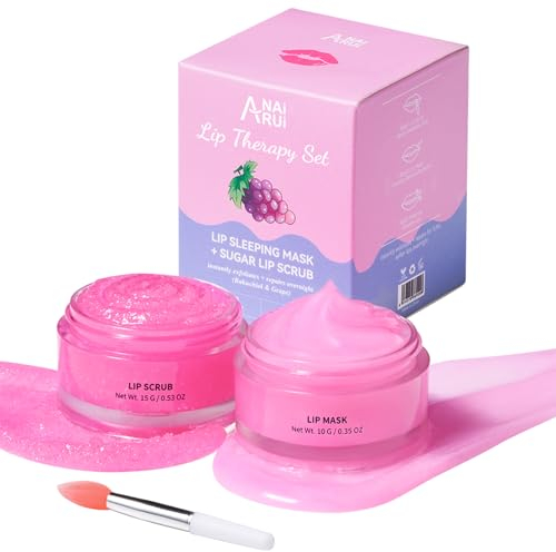 ANAiRUi Set Di Scrub e Balsamo Per Labbra, Maschera Tonica Per Labbra Notturne Bakuchiol & All'Uva, Scrub Esfoliante Allo Zucchero Per Riparare Le Labbra Secche, Screpolate e Sfaldate