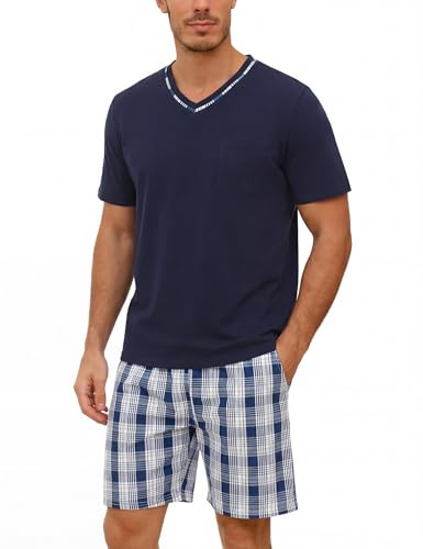 Demegimi Pyjama Homme Été Coton Ensemble Court Manches Courtes avec Poches Col Rond Pyjashort Confortable S-3XL